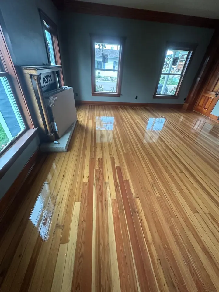 Hardwood floor after refinishing, with a glossy finish